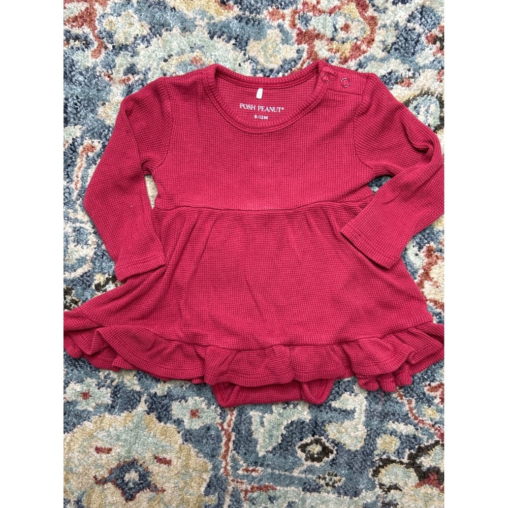 Posh Peanut Bamboo Waffle Knit Dress‎ Girls 6-12M Pink Ruffle Hem EUC
